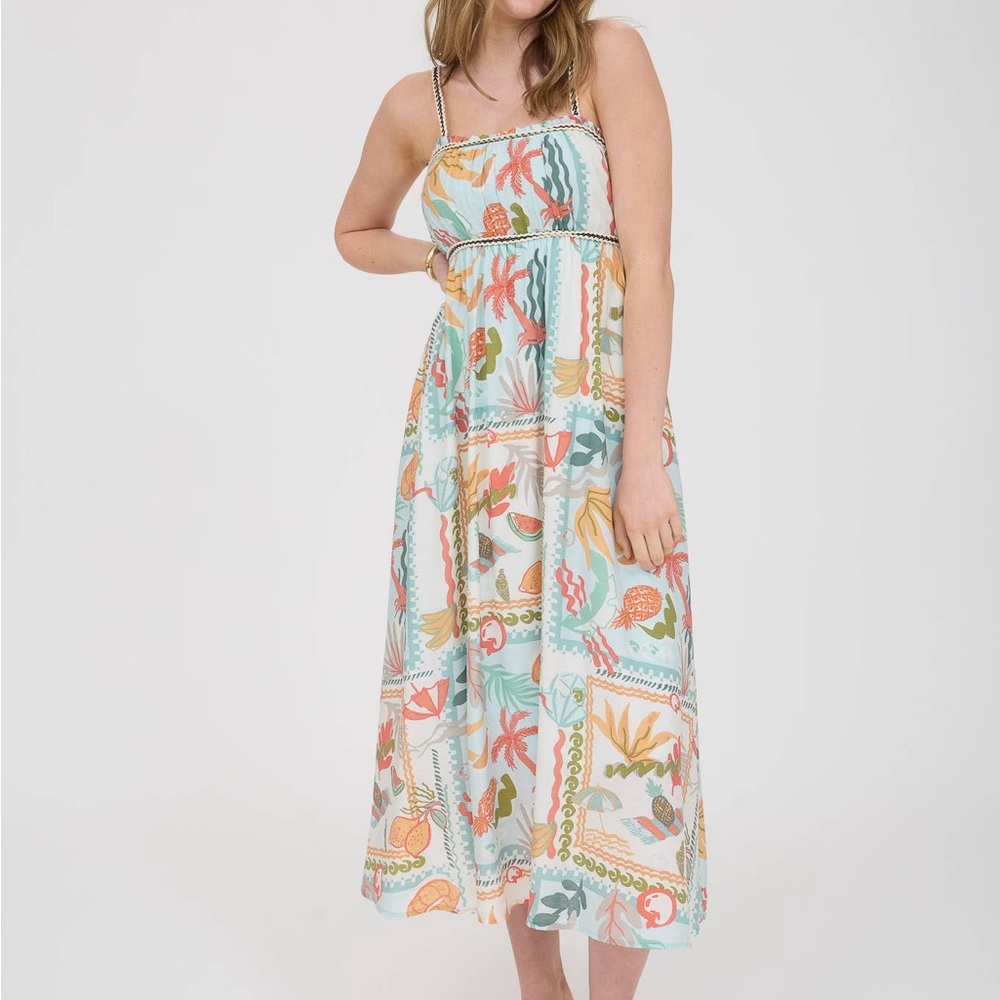 Blu Pepper Summer Print Braid Trim Sleeveless Midi Dress Sage Multi Color Size L - Picture 2 of 6